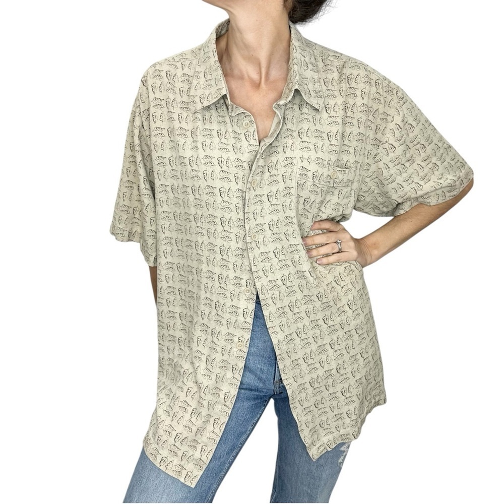 Beige 100% silk short sleeve boxy leaf print shirt XL